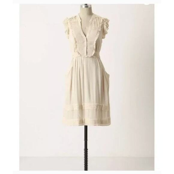 Anthropologie Odille Cream Ivory Ruffle Smocked Sleeveless Dress Size 4 *FLAW* - Picture 1 of 14